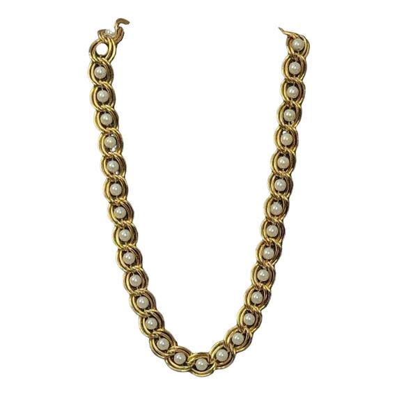 Vintage Caged Pearl Necklace Goldtone Double Open Link Appx 18.5" FAUX PEARL - Picture 8 of 9